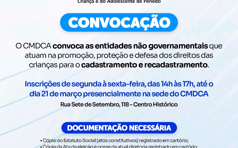 CMDCA de Penedo abre inscrição para entidades não governamentais que atendem crianças e adolescentes
