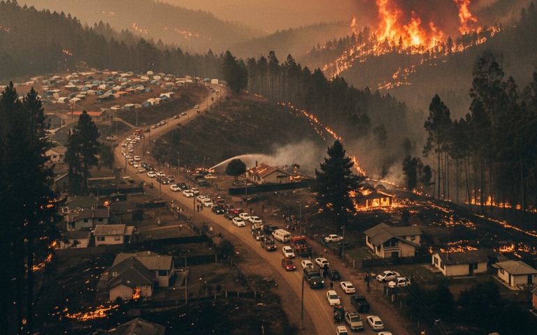 Incêndio florestal devasta 23 km² e ameaça milhares em Penco, no Chile