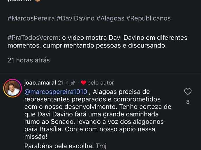 “Apoio incondicionalmente” Afirma presidente nacional do Republicanos em post sobre Davi Davino