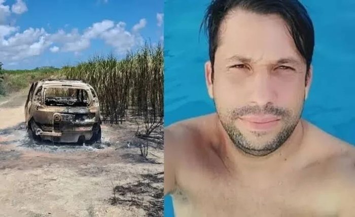 Thiago Francisco e o carro encontrado carbonizado em região de mata