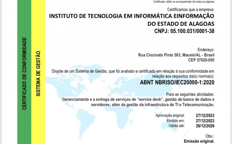 ITEC é o primeiro órgão público das américas a conquistar certificação ISO 20000-1