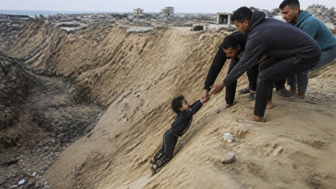 Criança é salva por familiares após engatinhar perto de precipício em Gaza