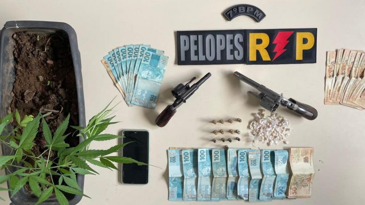 Em Santana do Ipanema, PM apreende muda de maconha, quantia em dinheiro, armas de fogo e drogas