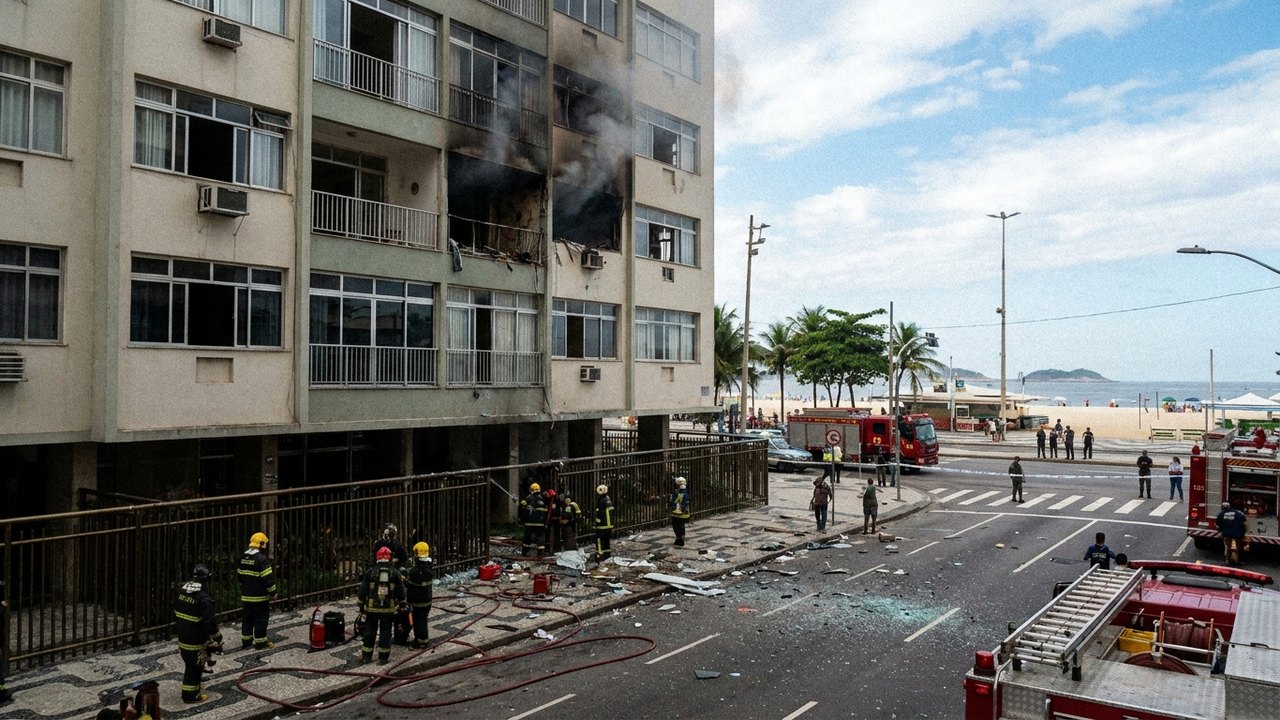 Bombeiros são acionados para explosão em prédio em Copacabana. Quatro pessoas foram socorridas com ferimentos leves a moderados.