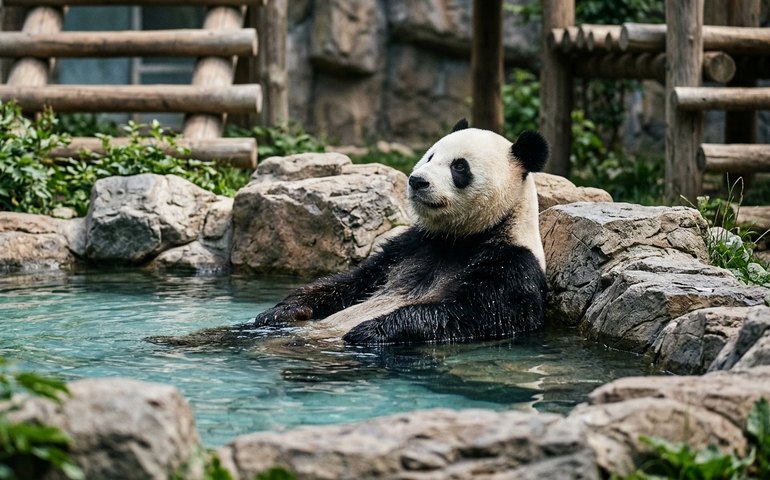 Panda Zhui relaxa na piscina para enfrentar o calor no Zoológico de Moscou