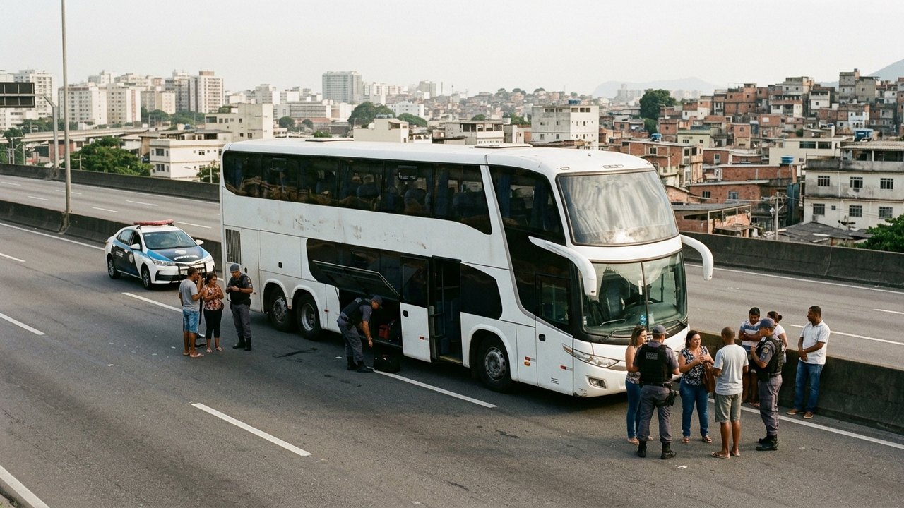 Homens armados de fuzis assaltam ônibus de turismo na Linha Vermelha e levam até cinzas de uma vítima