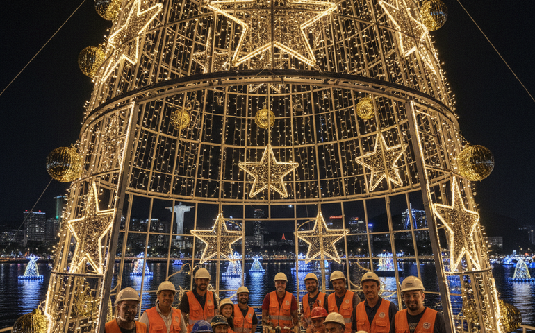 Trabalhadores celebram Natal dentro das árvores flutuantes do Rio
