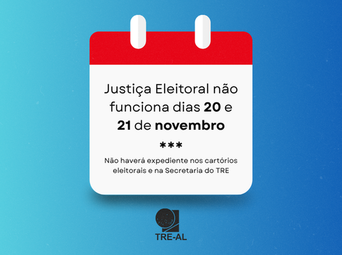 Justiça Eleitoral não funciona dias 20 e 21 de novembro