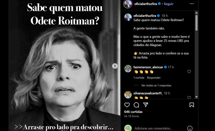 Postagem de Arthur Lira nas redes sociais