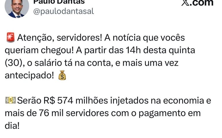 Paulo Dantas anuncia antecipação dos salários e libera R$ 574 milhões na economia