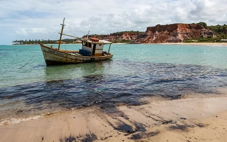'Mancha negra' no paraíso: naufrágio de barco pesqueiro causa vazamento de diesel na praia de Japaratinga