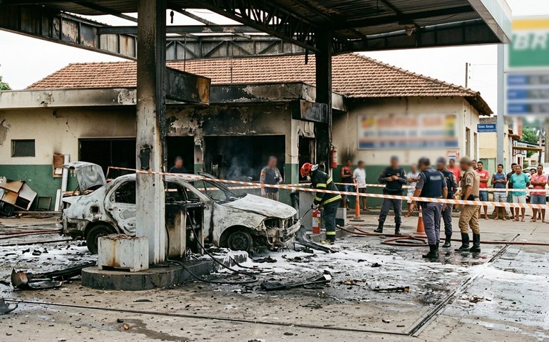 Carro colide com bomba e provoca incêndio em posto de Ribeirão das Neves