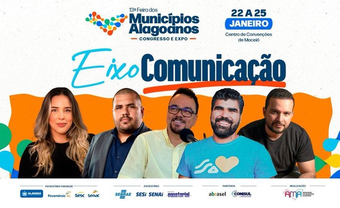 Arte com informações sobre o eixo Comunicação do evento