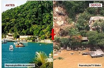 Antes e depois da pousada do soterramento em Angra dos Reis-RJ