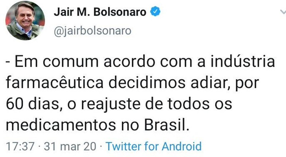 PRINT BOLSONARO MEDICAMENTOS / Foto: Reprodução Twitter