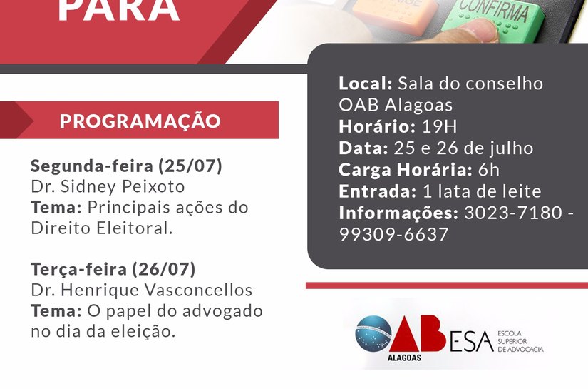 ESA realiza curso que debaterá sobre as novas regras eleitorais dias 25 e 26/7