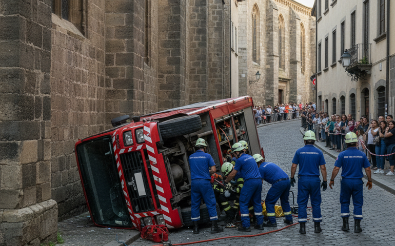 Viatura do Corpo de Bombeiros tomba após colisão na Ladeira da Catedral; militares ficaram presos às ferragens