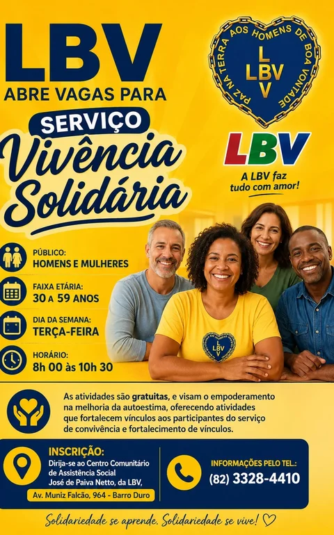 LBV  no Barro Duro abre vagas para serviço Vivência Solidária destinado a pessoas com idade entre 18 e 59 anos