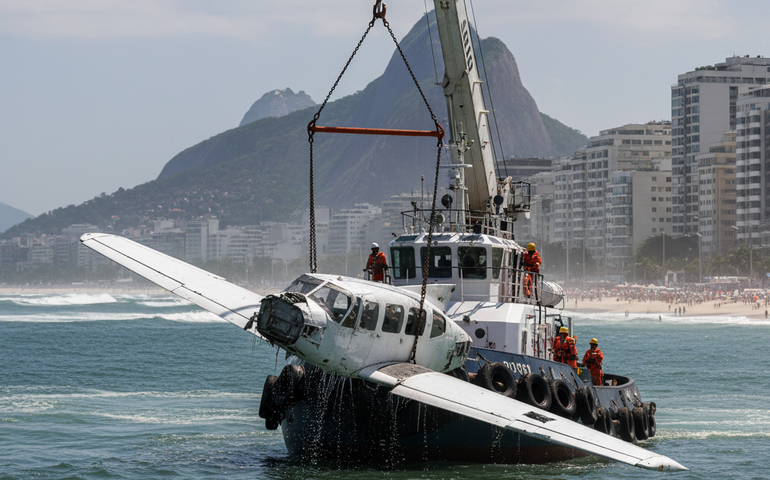 Monomotor que caiu na Praia de Copacabana é retirado do mar
