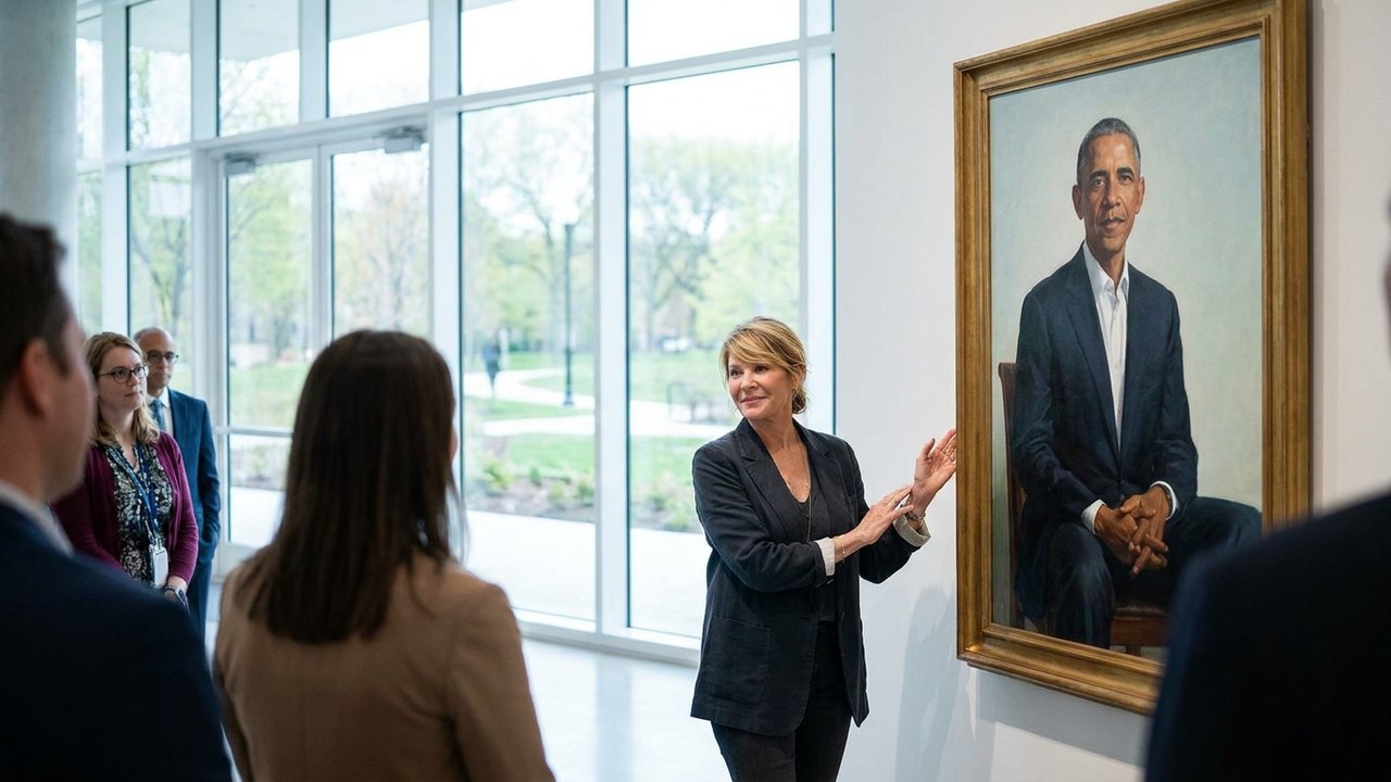 Kate Capshaw exibe retrato no Centro Presidencial Barack Obama, em Chicago