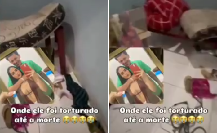 Esposa mostra marcas de sangue e fio usado durante agressão Esposa mostra marcas de sangue e fio usado durante agressão