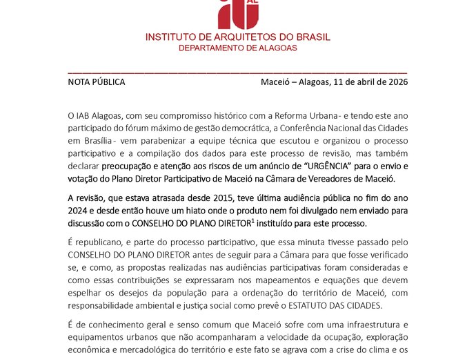 IAB divulga nota sobre Plano Diretor de Maceió