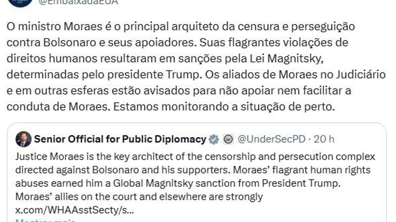Embaixada dos EUA no Brasil dispara contra Moraes: 'Aliados estão avisados'