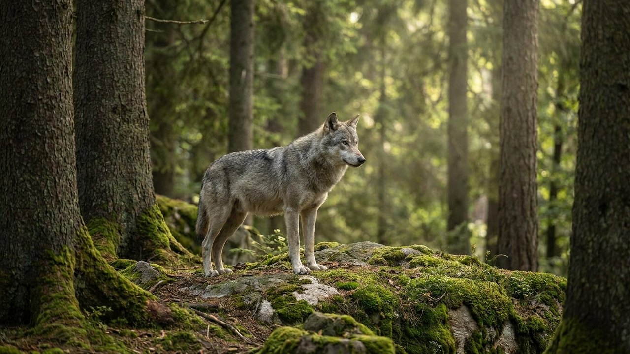 Lobo ganha cenário de fantasia em passeio pela floresta