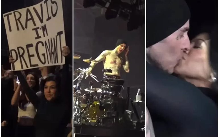 Kourtney Kardashian anuncia gravidez de Travis Barker com cartaz no show do Blink-182