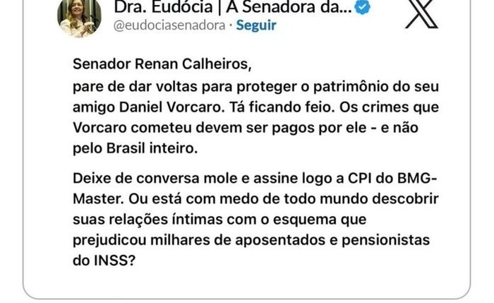 Postagem de Eudócia Caldas no X