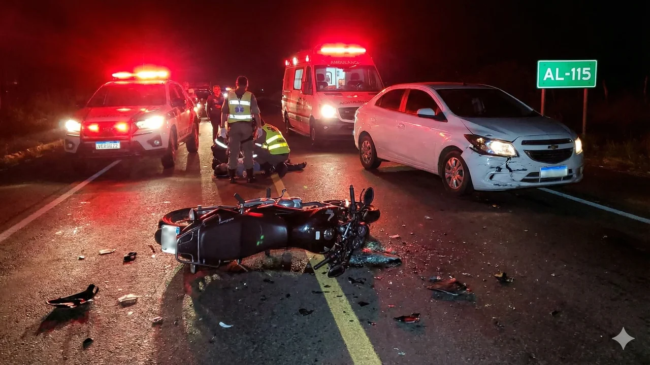 Colisão entre carro e moto na AL-115 deixa homem de 32 anos ferido nesta madrugada