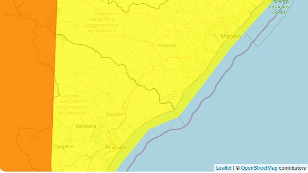 Inmet faz alerta de perigo potencial de chuvas para todo o estado de Alagoas até esta terça-feira