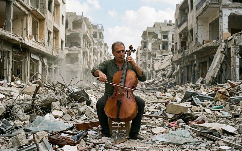 Violoncelista libanês emociona ao tocar entre escombros de bombardeios em Beirute
