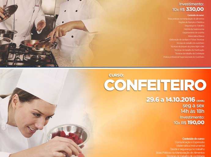 Matrículas abertas para novas turmas dos cursos de Cozinheiro e Confeiteiro