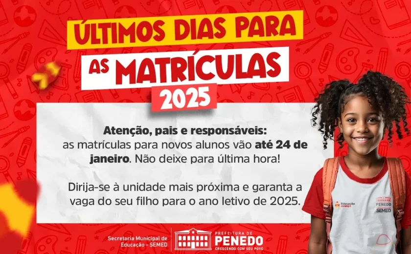 Matrícula para novato nas escolas da Prefeitura de Penedo termina na sexta-feira, 24