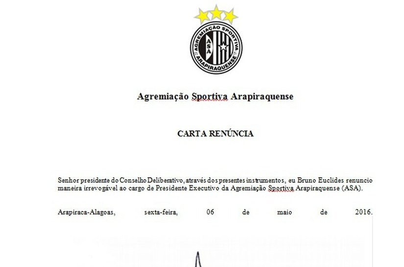 Em carta, Bruno Euclides renuncia ao cargo de presidente do ASA