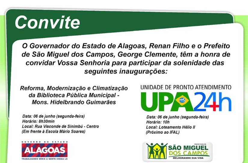 UPA 24h e Biblioteca Municipal de São Miguel serão abertas segunda, 06