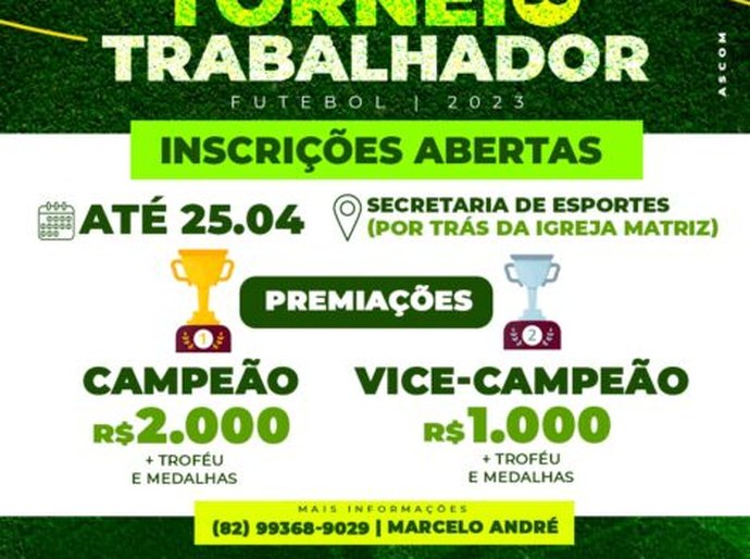 Prefeitura de Piaçabuçu abre inscrições para o Torneio do Trabalhador 2023