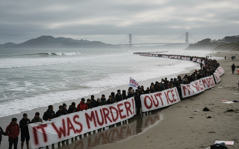 Manifestantes formam faixa humana em praia contra assassinato de mulher pelo ICE