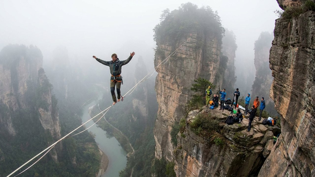 Caminhando sobre o abismo: atletas realizam manobras em cordas suspensas entre montanhas na China