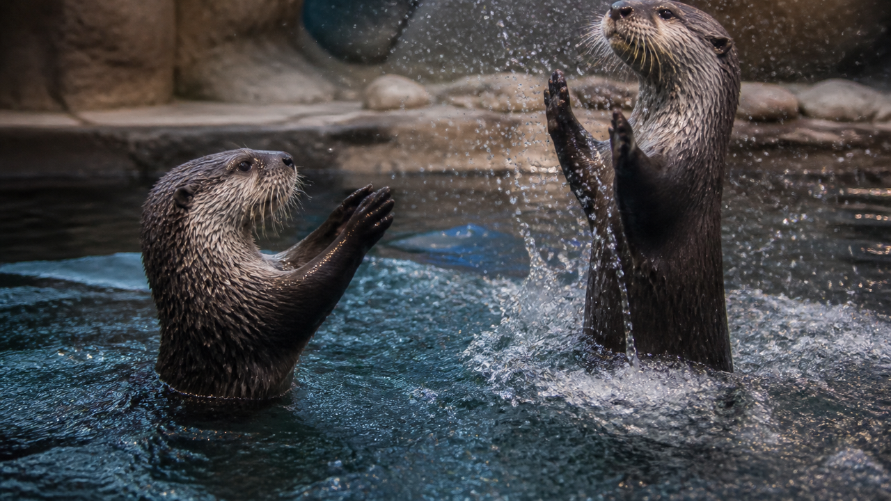 Lontras chapinham alegremente no oceanário de Moscou