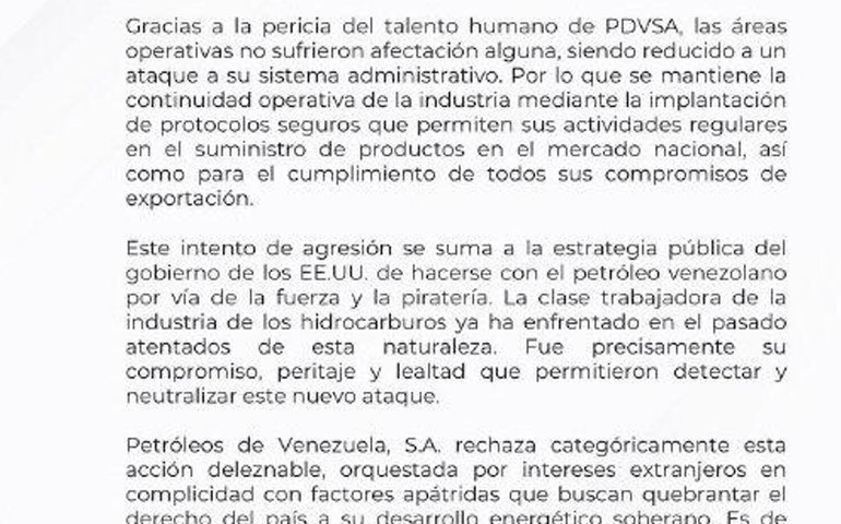Venezuela denuncia ataque cibernético contra estatal petroleira