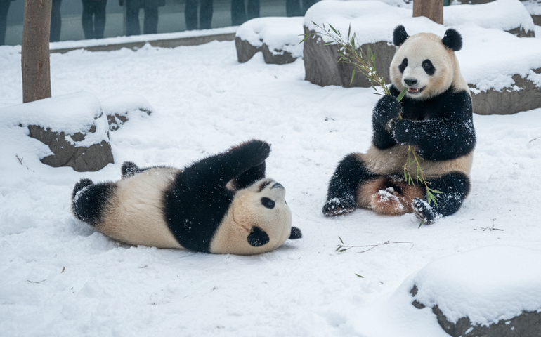 Neve em Moscou encanta pandas do zoológico
