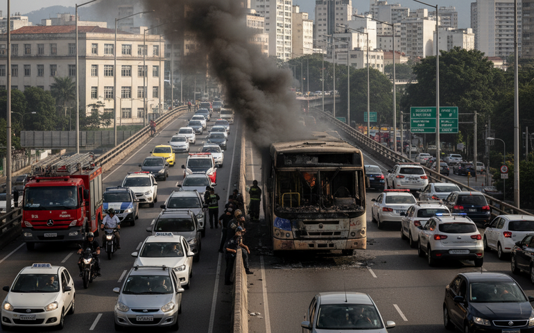 Ônibus pega fogo no Viaduto dos Marinheiros e interdita trânsito no Centro do Rio