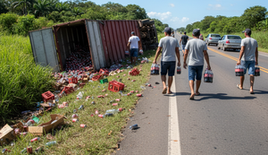 Caminhão carregado com refrigerantes da marca Coca Cola tomba na BR-101 em Porto Real do Colégio