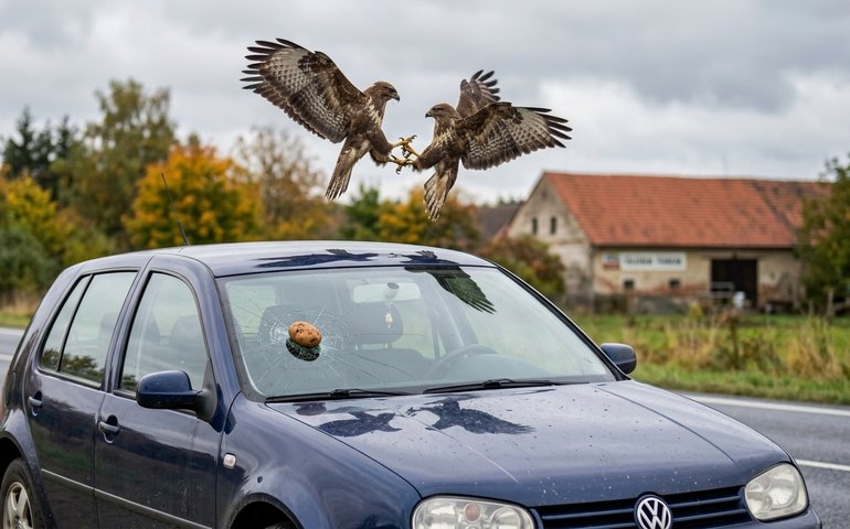 Carro é atingido por batata lançada por aves de rapina durante briga na República Tcheca