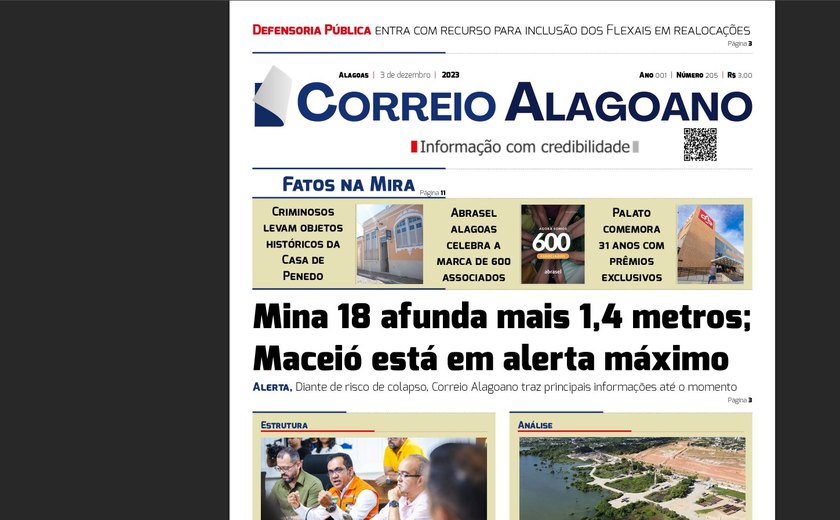 Mina 18 afunda mais 1,4 metros; Maceió está em alerta máximo