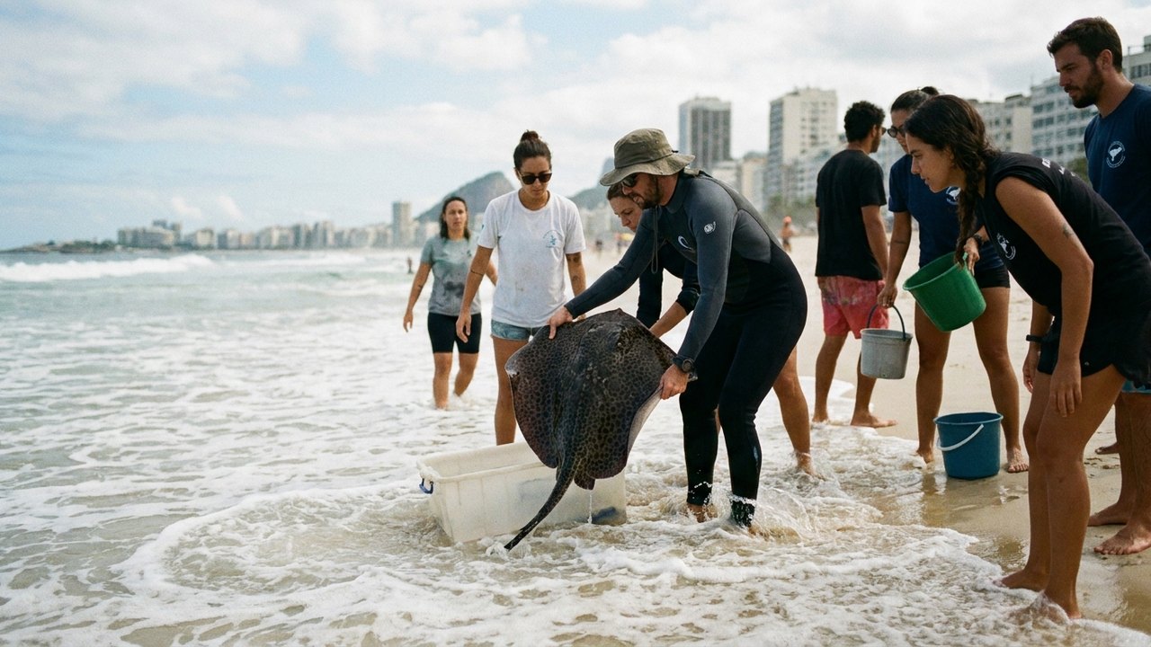 Raia ameaçada de extinção é devolvida ao mar em Copacabana; vídeo