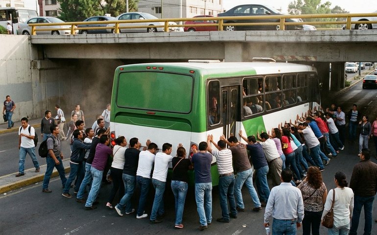 Passageiros unem forças e empurram ônibus preso sob ponte na Cidade do México