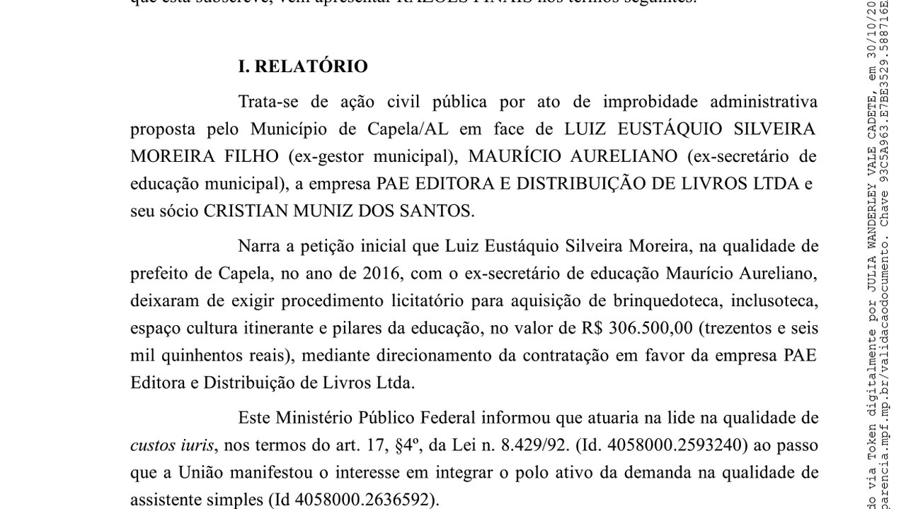 MPF pede condenação de ex-prefeito de Capela por compra suspeita de brinquedos